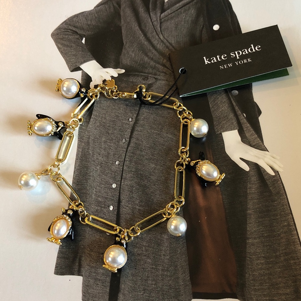 Authentic kate spade NWT Gold Charm Bracelet with Pearls and Black Penguins - Picture 2 of 8